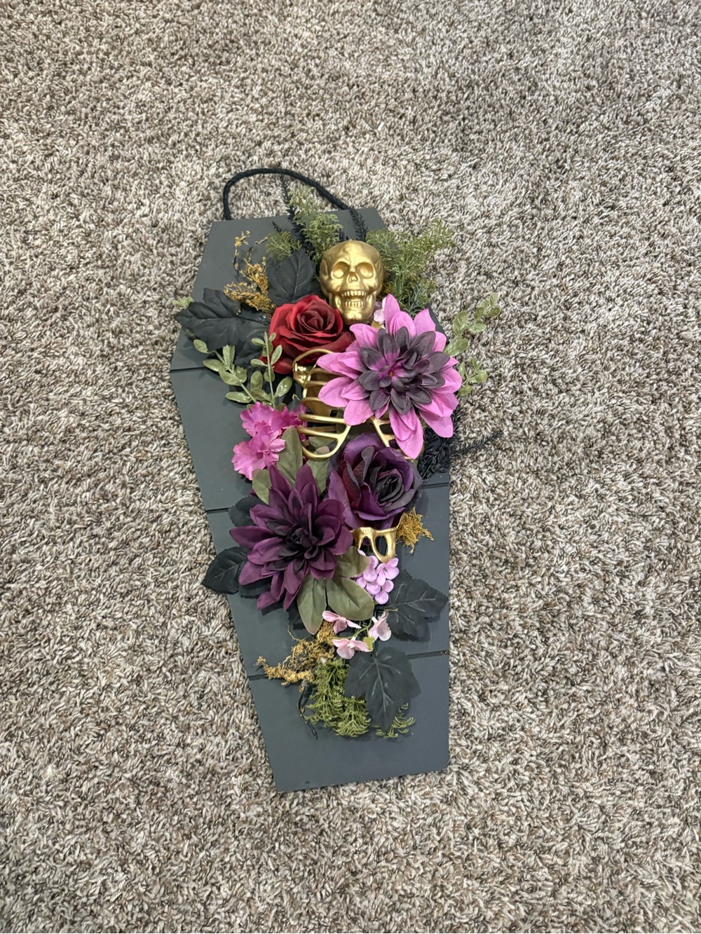 Decorative Gothic Coffin Wall Hanging with Pink & Purple Flowers